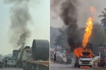 मुंबई-गोवा महामार्गावर गॅस सिलेंडर वाहून नेणाऱ्या पिकअप टेम्पोला भीषण आग